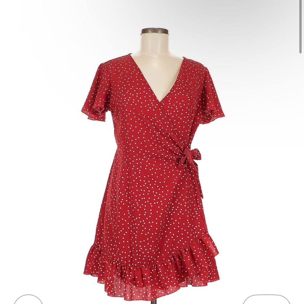 Elegant Red Wrap Dress with Polka Dots